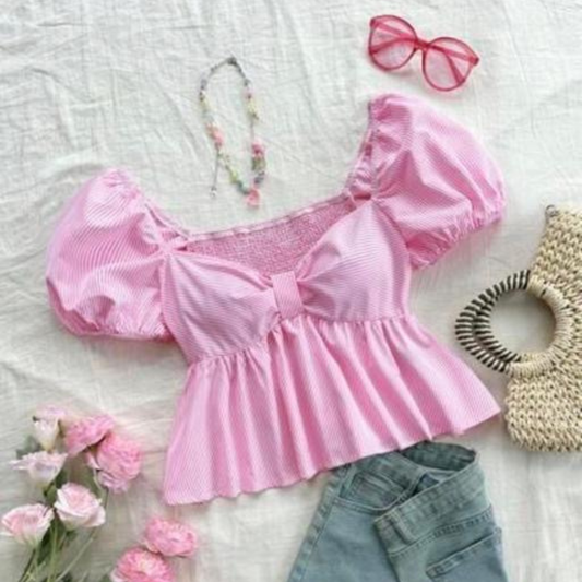 Bow Tie Top with Puff Sleeve